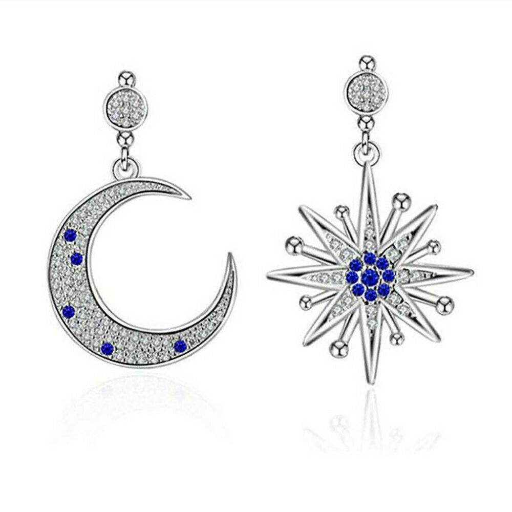Silver Drop Blue Sapphire Moon Star Earrings - Picture 8 of 9
